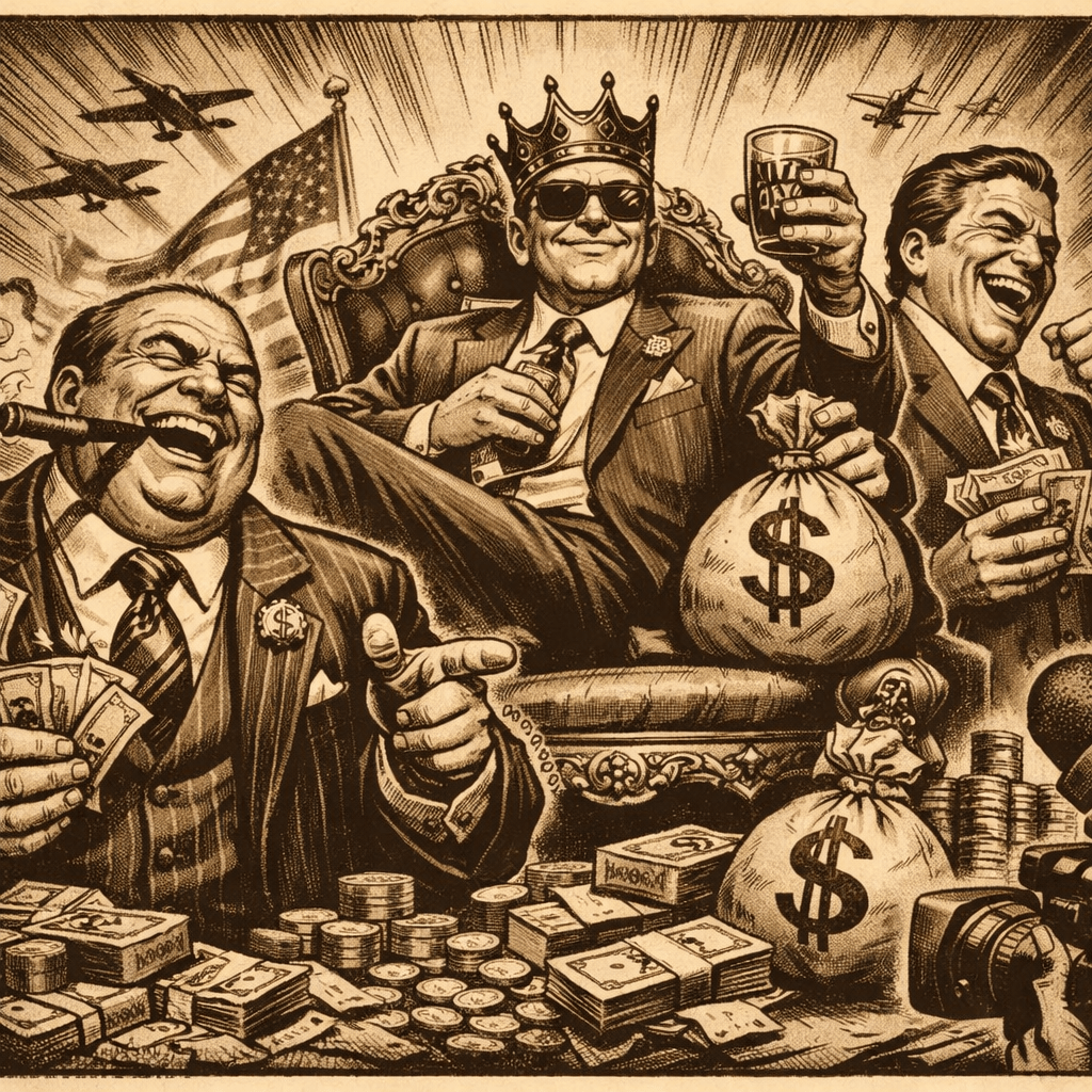 Three men in suits laughing and holding money with bags of cash and coins on table