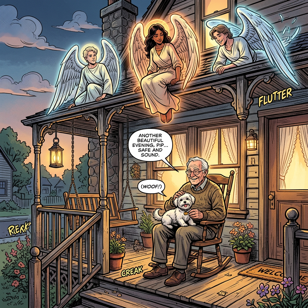 Three angels with glowing wings sit above a porch where an elderly man in a rocking chair pets a small dog.