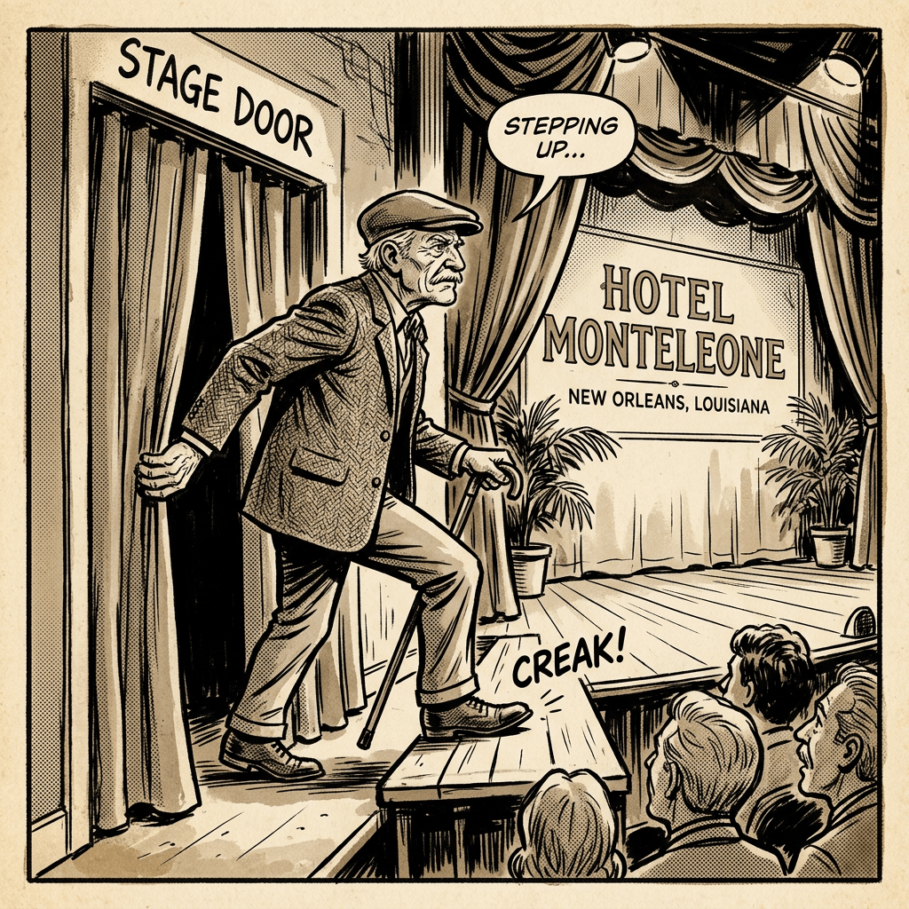 Elderly man with cane stepping onto stage at Hotel Monteleone, New Orleans