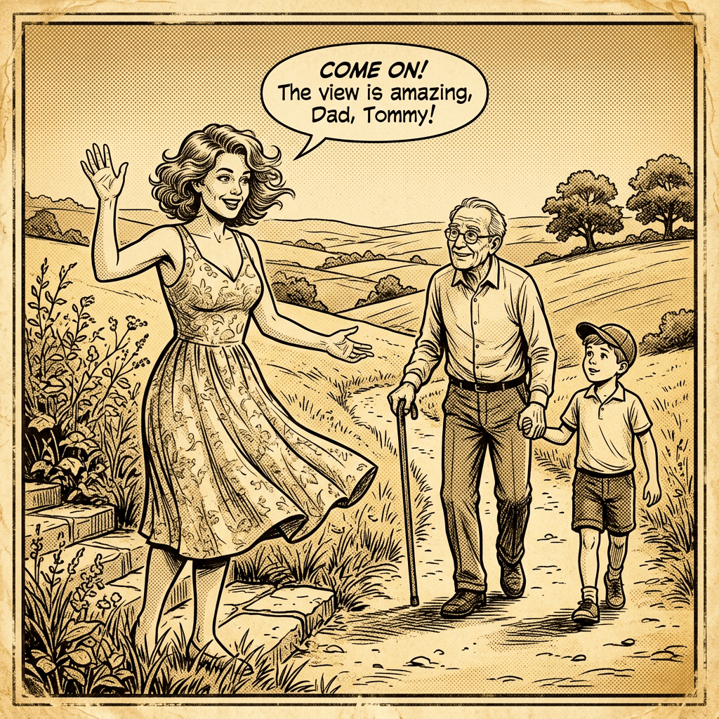Woman in dress speaking to elderly man with cane and young boy holding hands outdoors
