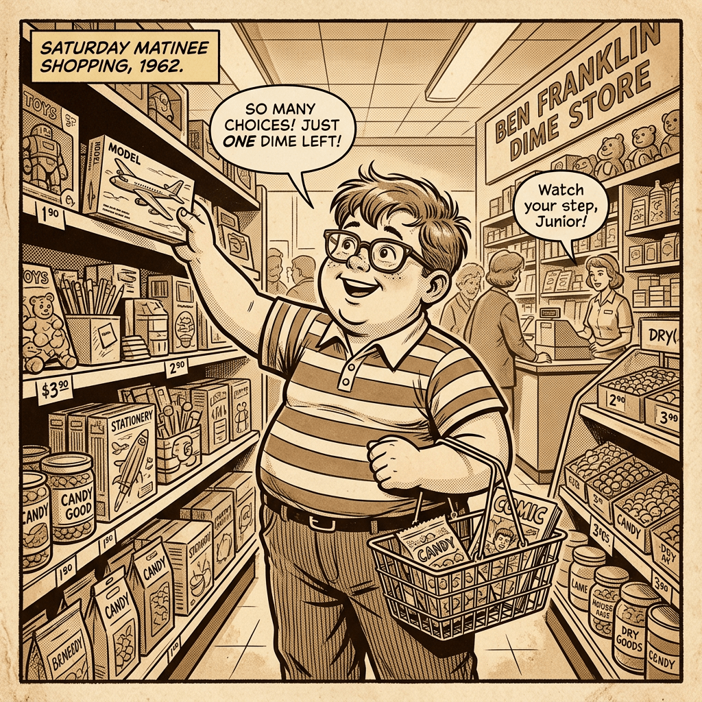 Boy shopping at Ben Franklin Dime Store in 1962 with last dime