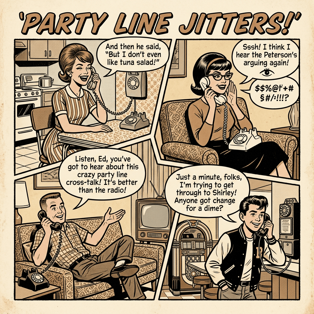 Four people talking on vintage rotary phones in separate rooms, depicting party line cross-talk.