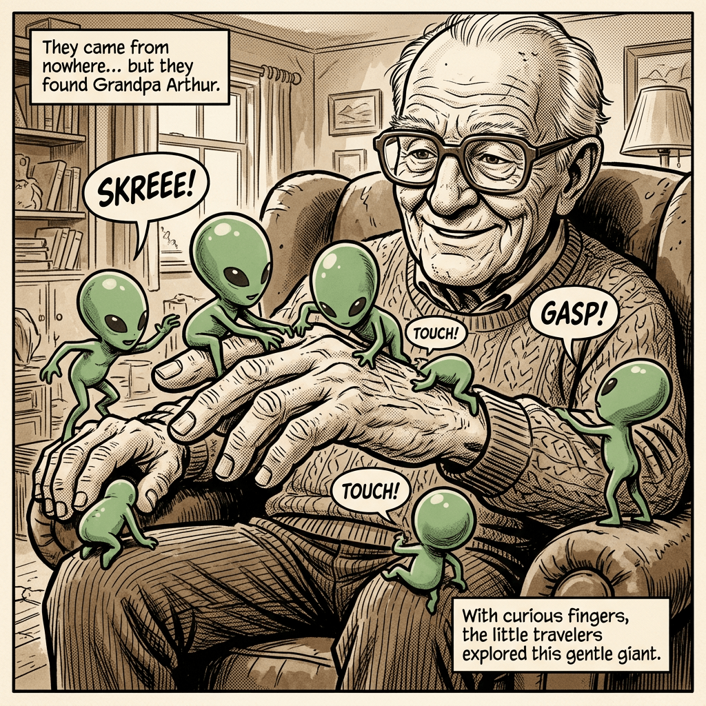 An elderly man sitting in a chair with small green aliens exploring and touching his hands.