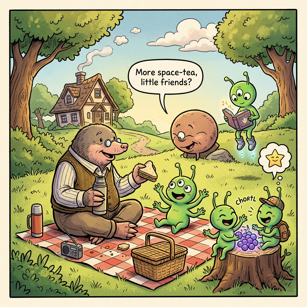 Tiny green aliens picnic with old man Mr Mole