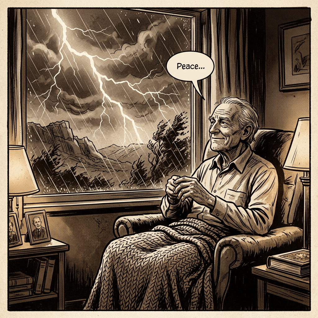 Elderly man sitting with a blanket indoors, watching a thunderstorm through a window, saying 'Peace...'