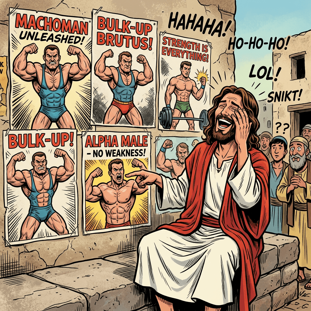 Jesus laughing in front of posters with macho musclemen and phrases promoting strength and masculinity