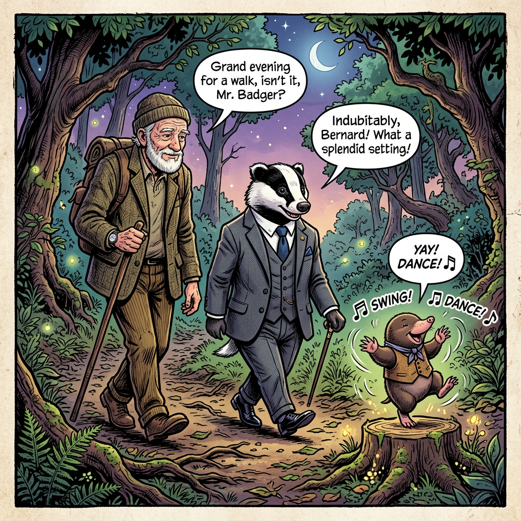 Elderly man walking with a badger in a suit and a dancing mole on a tree stump at night