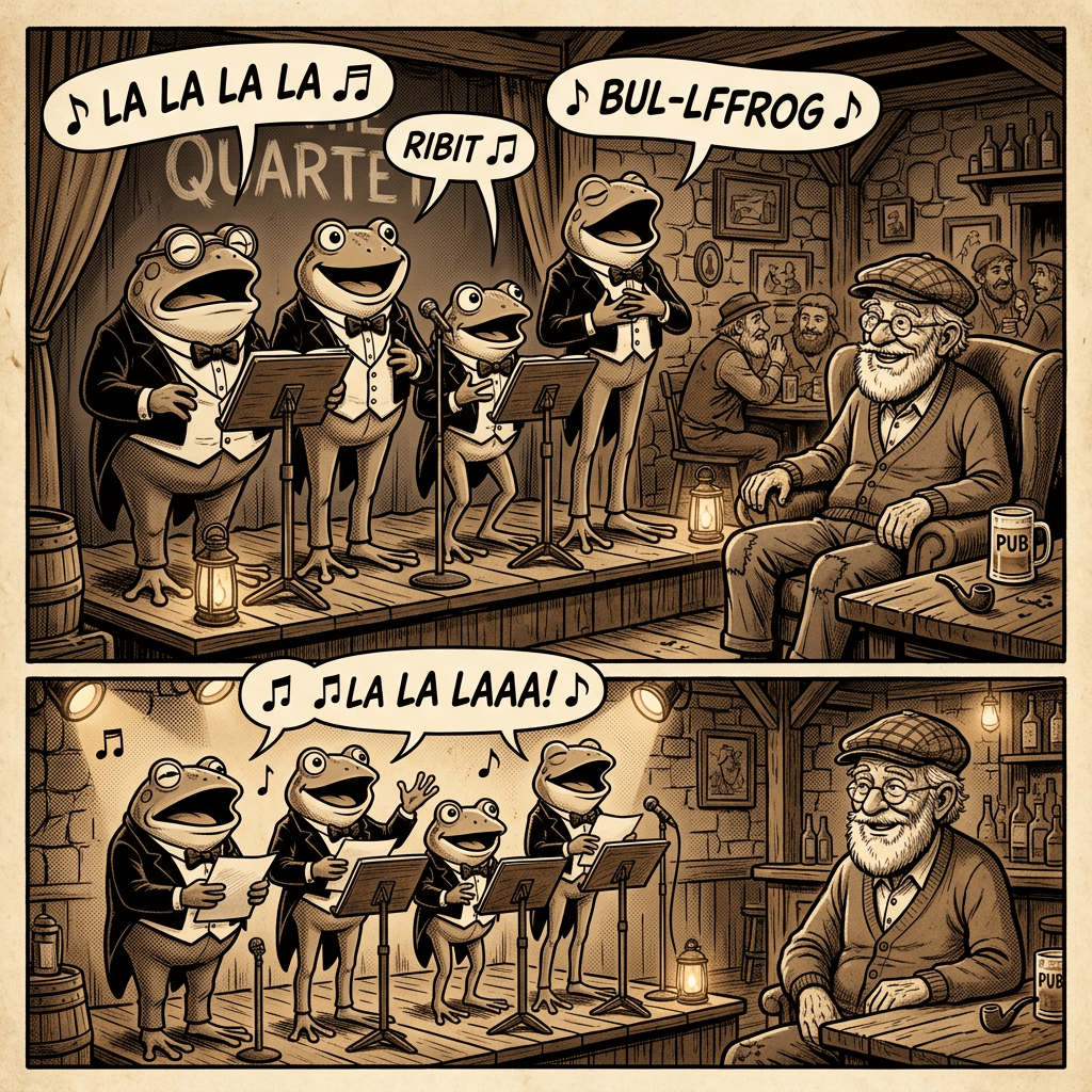 Sepia bullfrog quartet in tails singing to old man