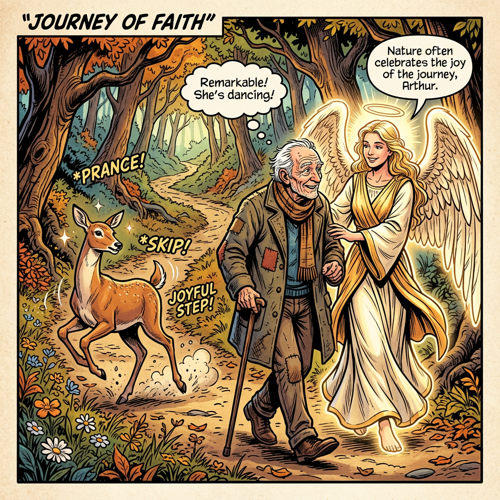 Elderly man walking with an angel and a prancing deer in a forest