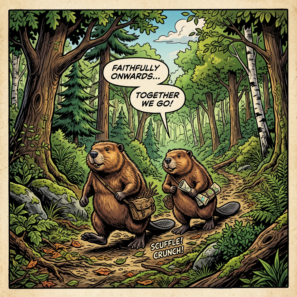 Two beavers walking along a forest path, carrying a bag and maps, with speech bubbles saying 'Faithfully onwards... Together we go!'