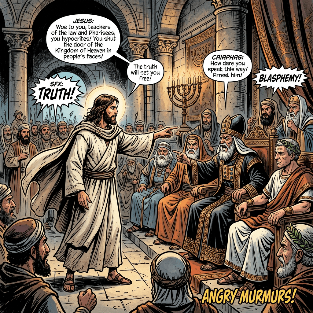 Jesus pointing and accusing Pharisees in a temple, surrounded by angry men