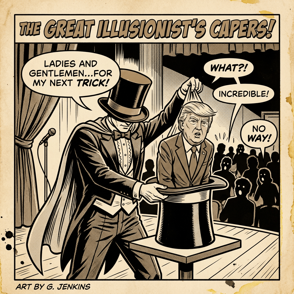 Magician pulling a man from a top hat on stage with shocked audience