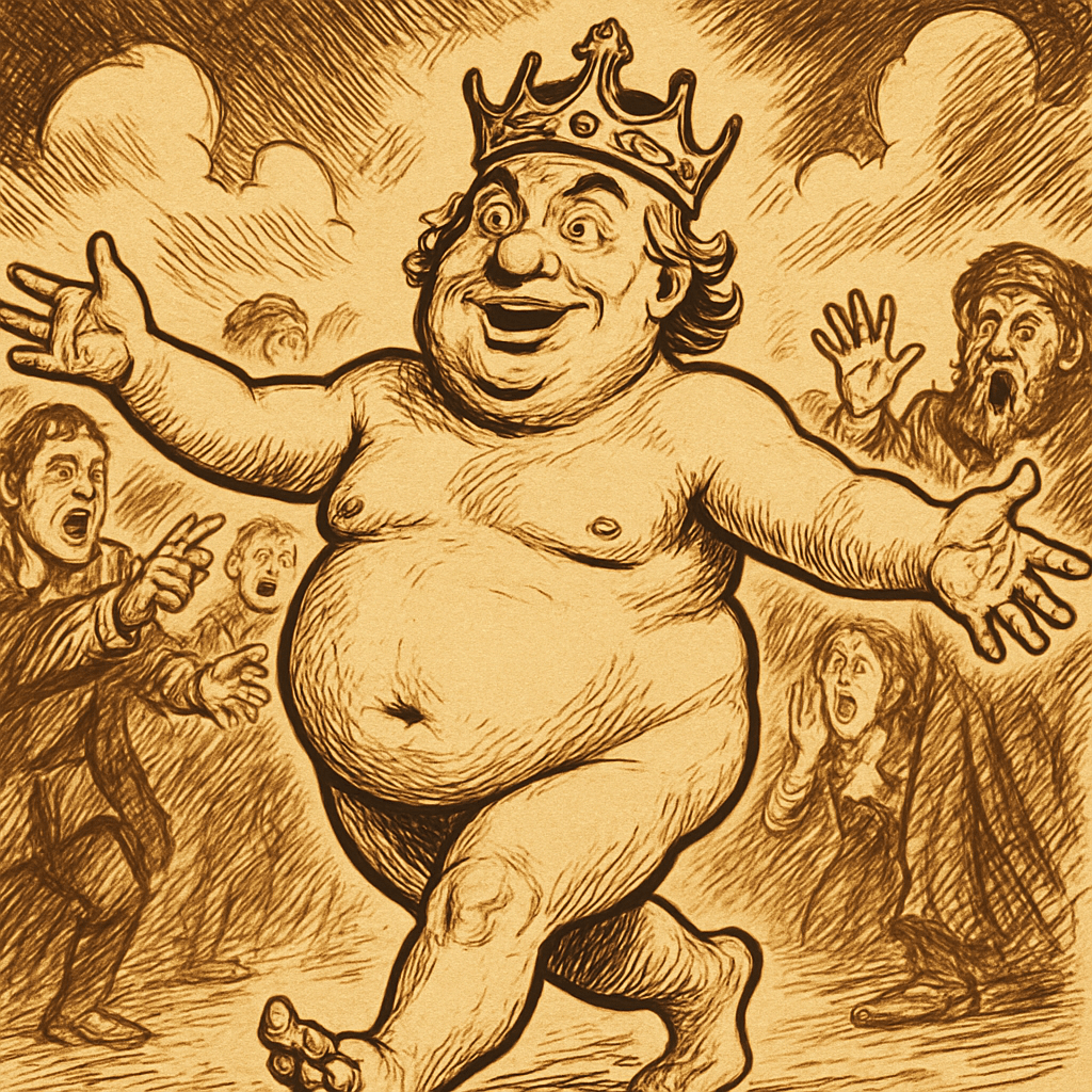 A crowned king walking naked with open arms while surprised people look on