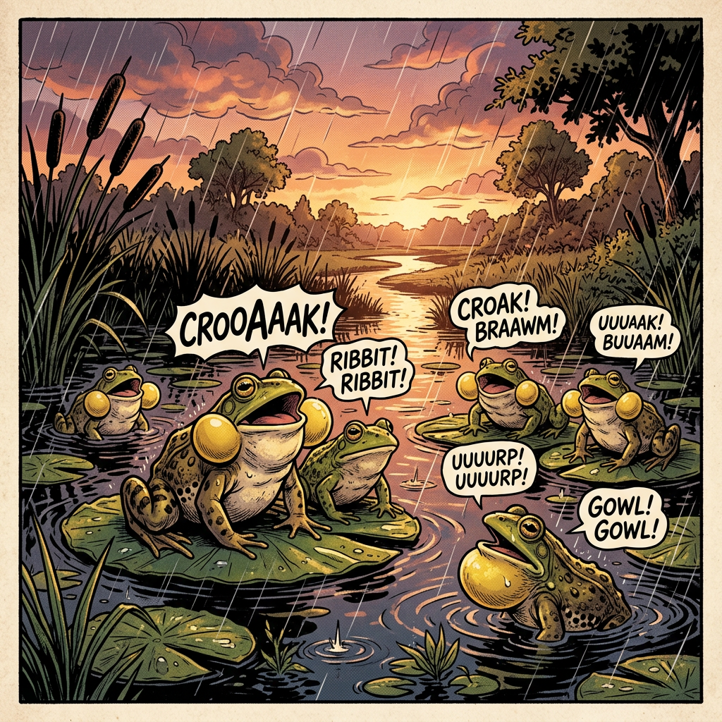 Frogs with inflated throat sacs croaking on lily pads in a rainy pond at sunset