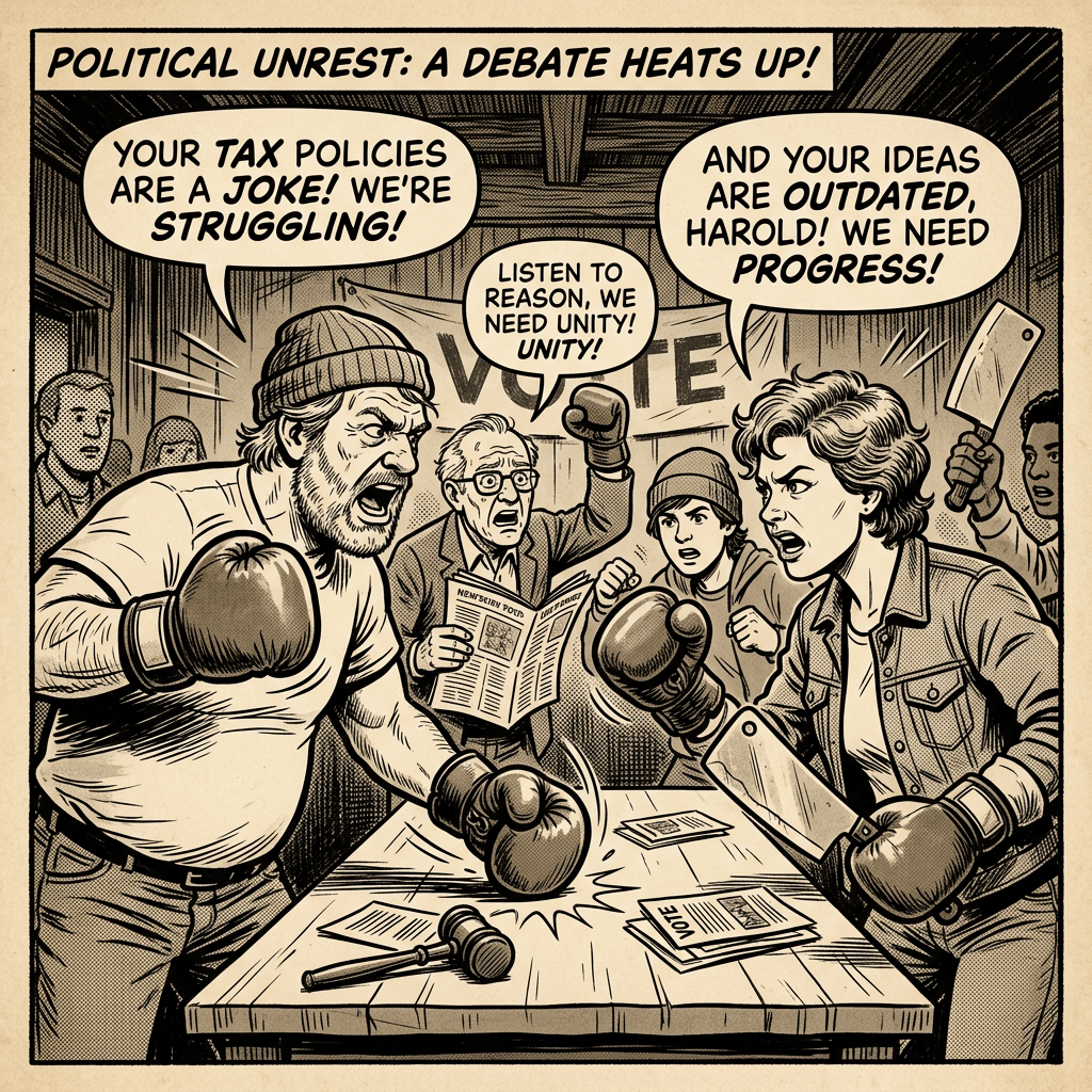 Man and woman wearing boxing gloves arguing intensely over political issues at a table
