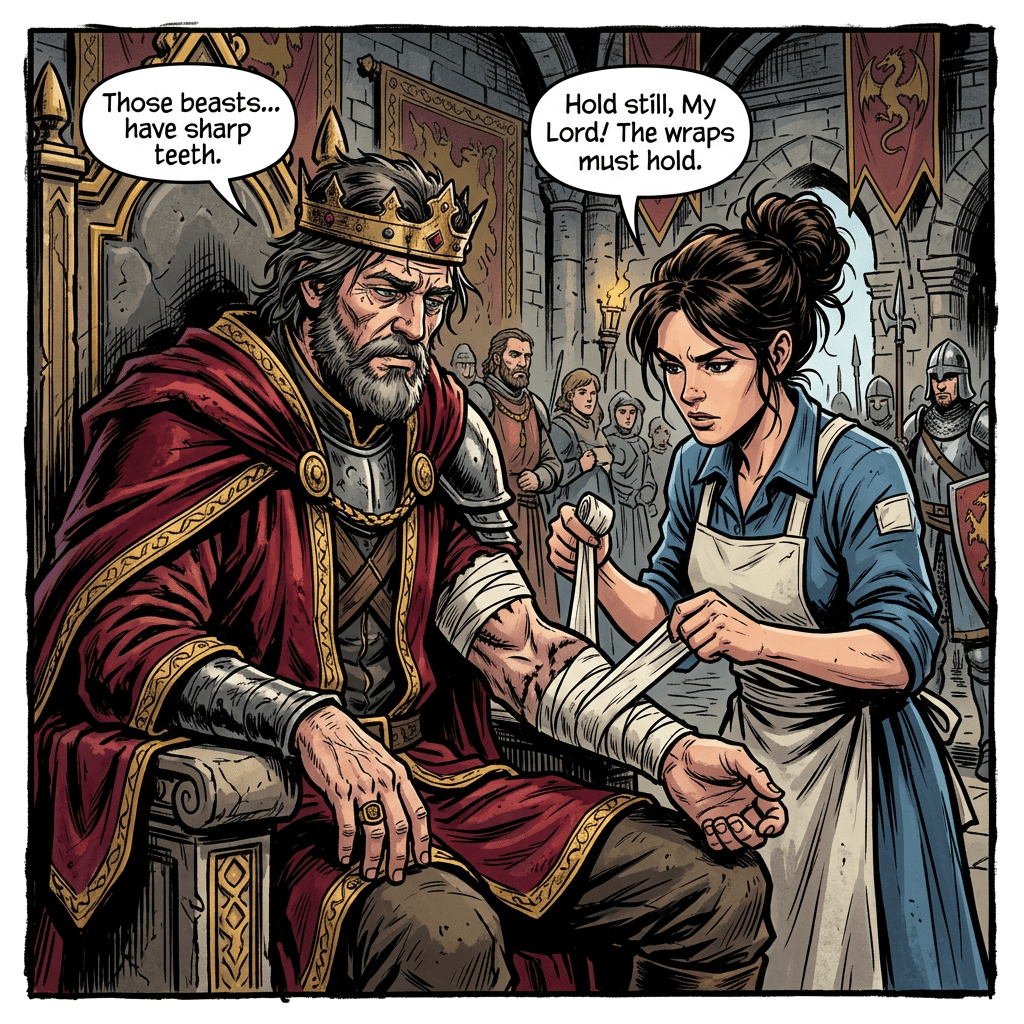 Emperor with bite marks bandaged by nurse