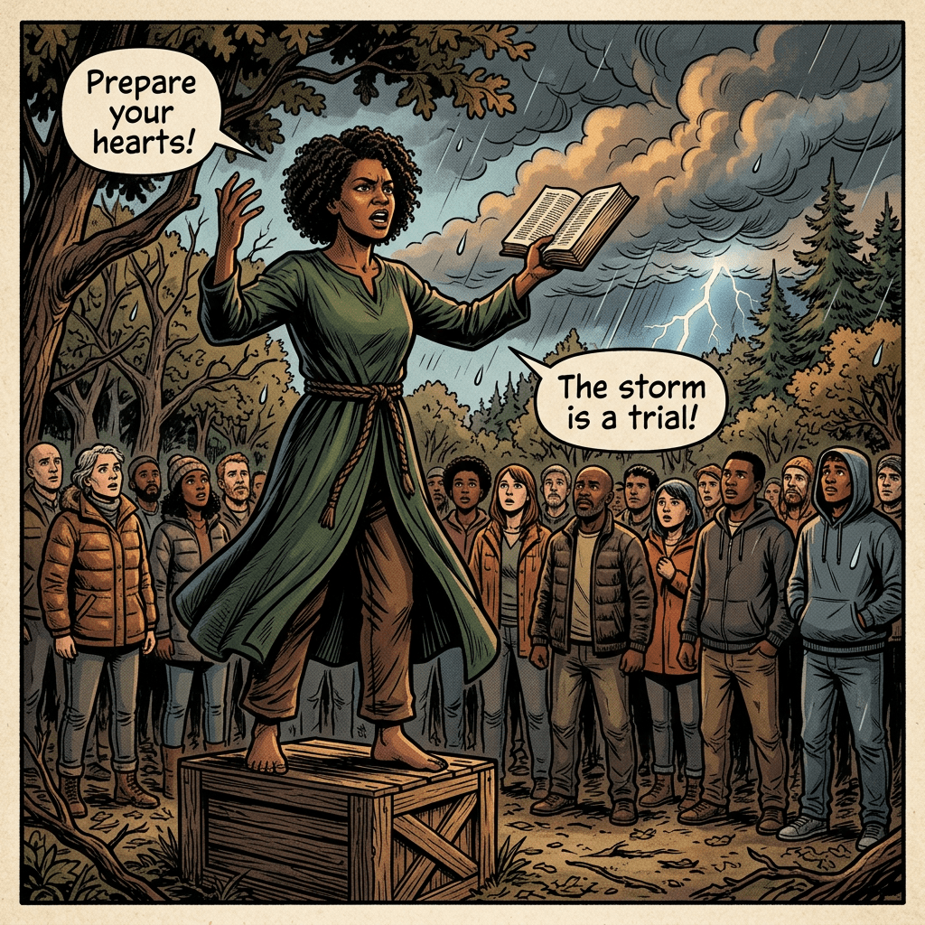Woman standing barefoot on a crate holding a book, speaking to a diverse group outside under stormy sky with lightning