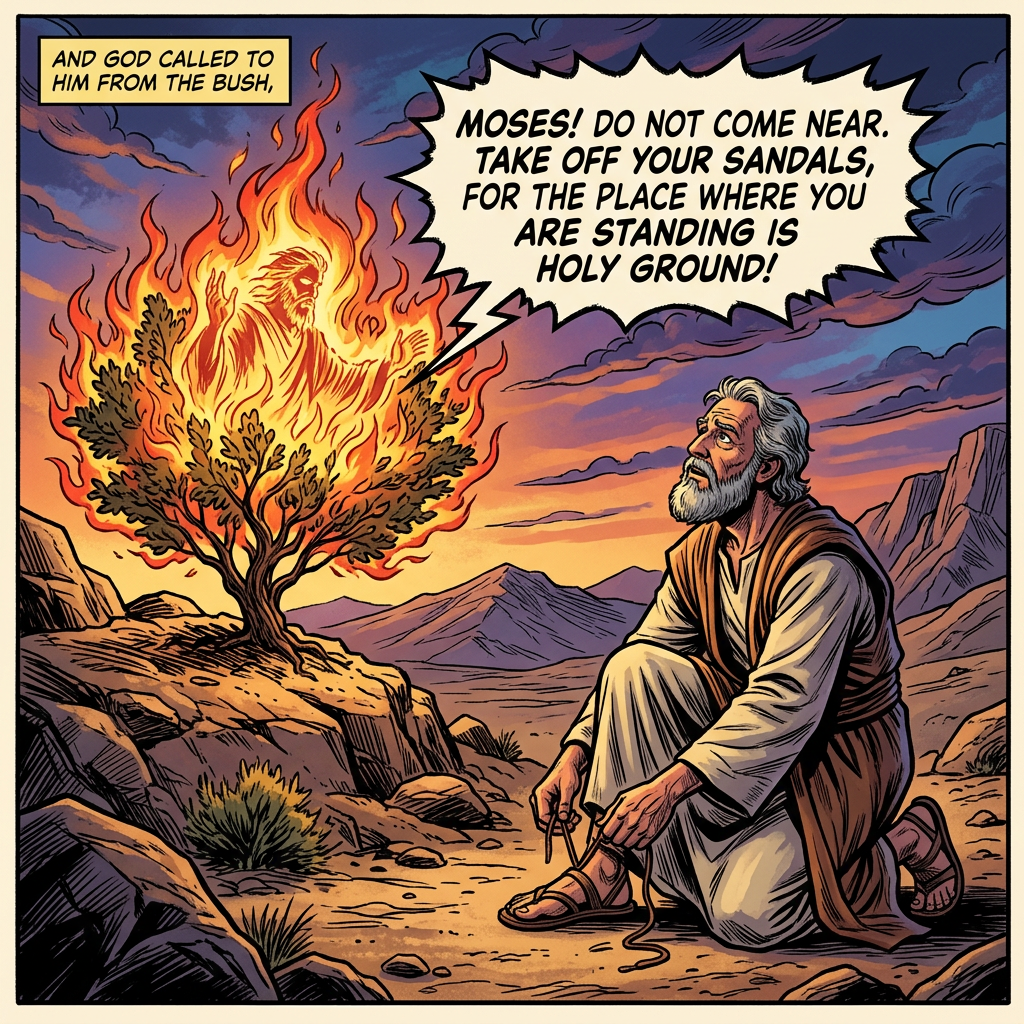 Moses kneeling before a burning bush with God's figure in the flames, telling him to take off his sandals because he is on holy ground.