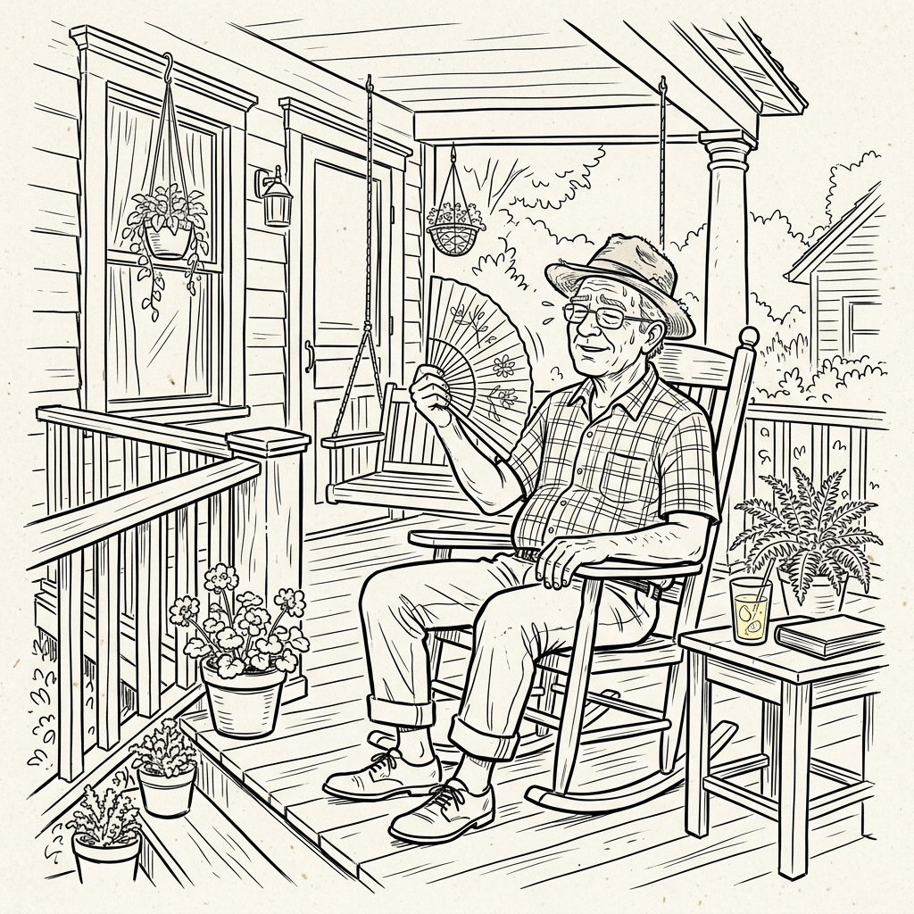 Man fanning himself on front porch