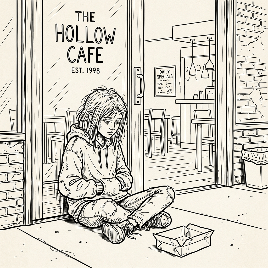 Young person in hoodie and ripped jeans sitting on ground outside cafe door with empty box