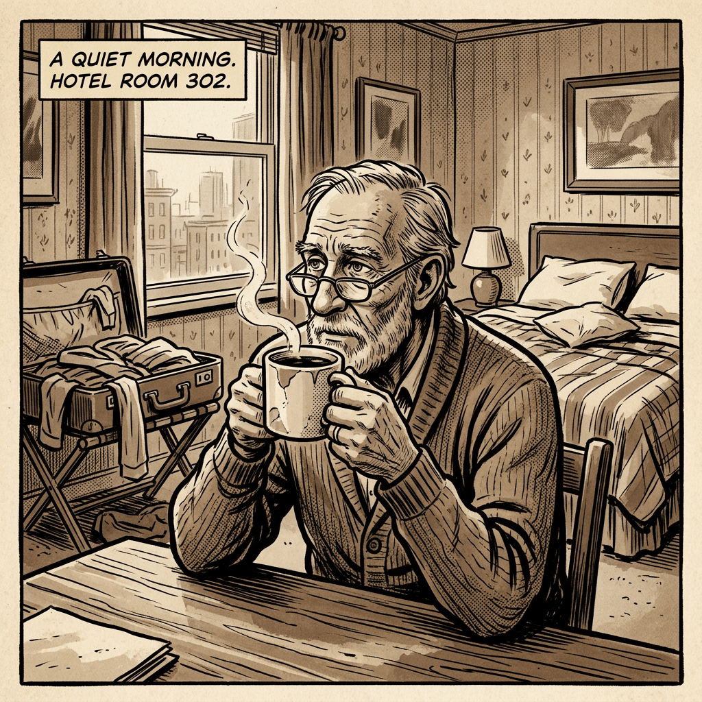 Elderly man with glasses holding a steaming mug in a hotel room with suitcase and bed