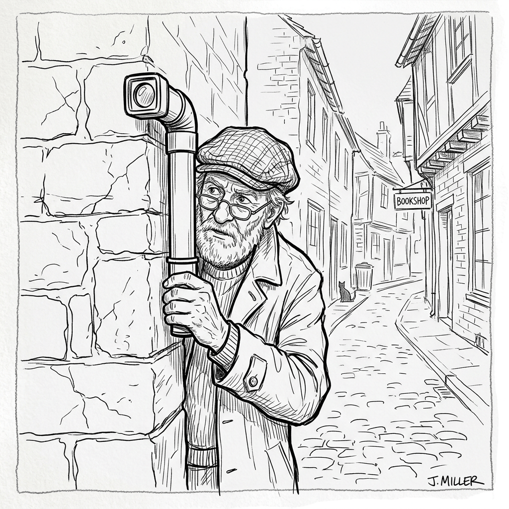 Old man peeking around corner with periscope