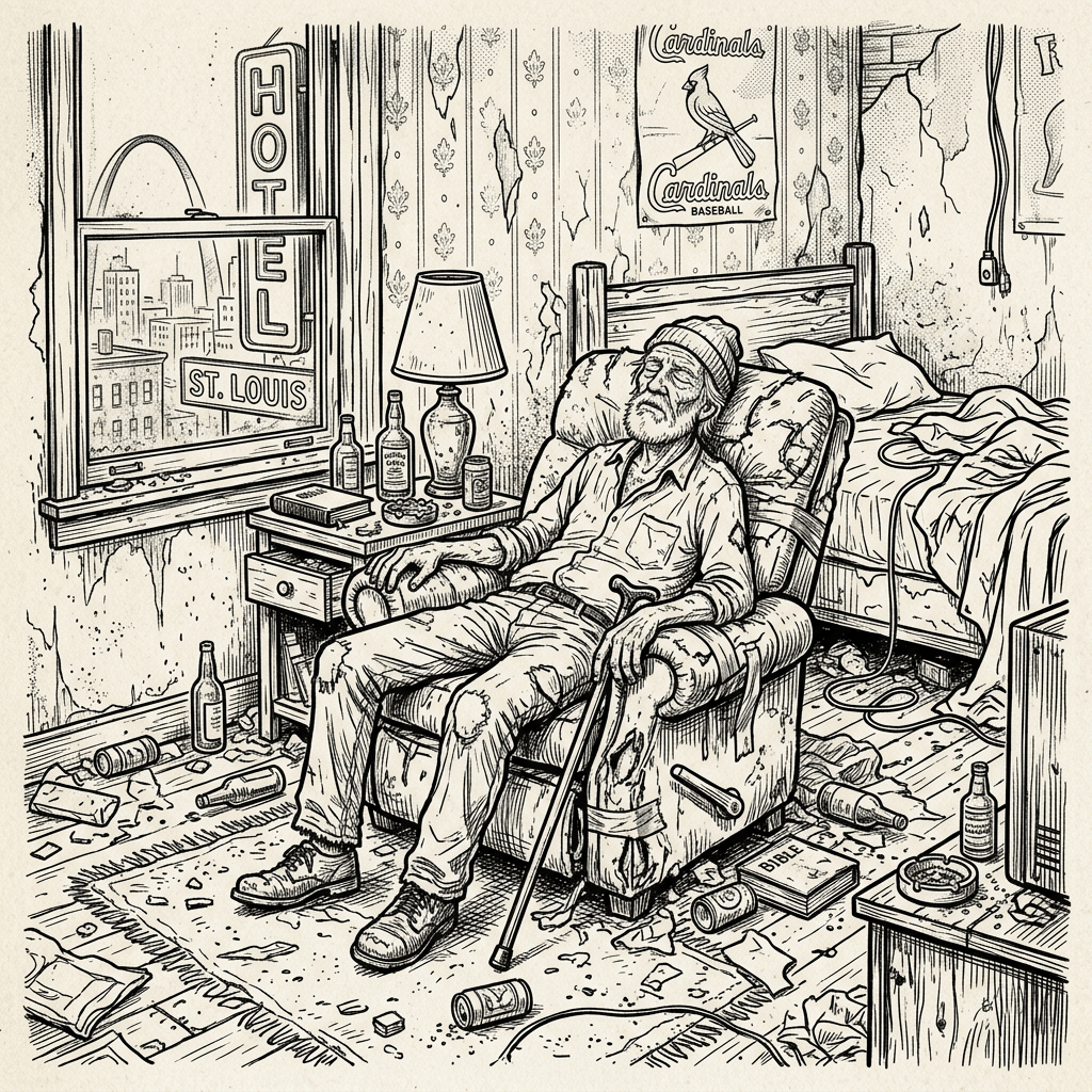 Old man in broken recliner dirty St. Louis hotel room