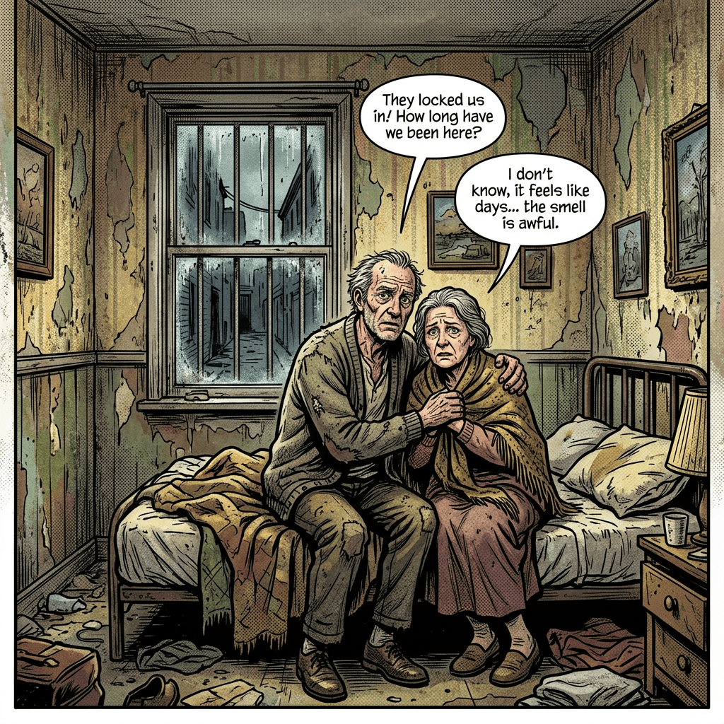 Old couple trapped in dirty hotel room