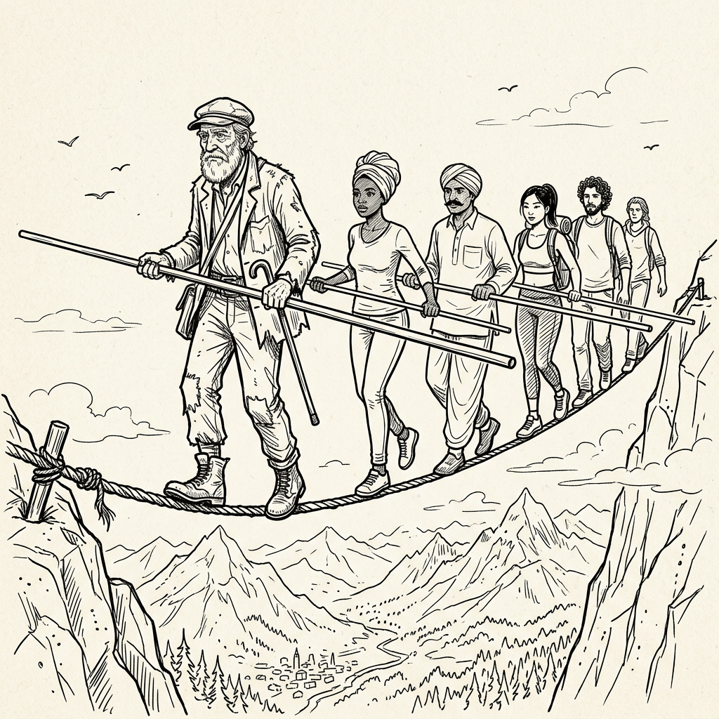 Old man and diverse people on tightrope