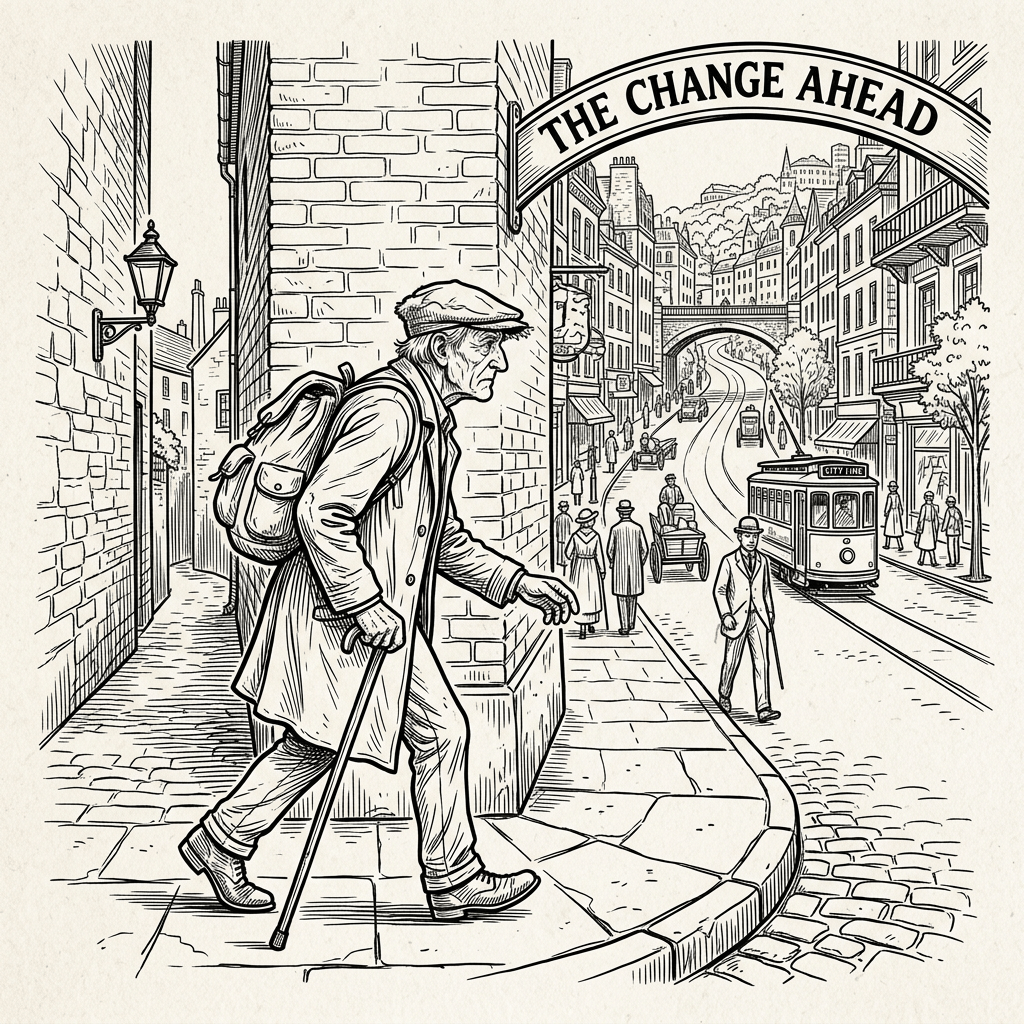 Elderly man with backpack and cane walking on city street with vintage buildings and tram