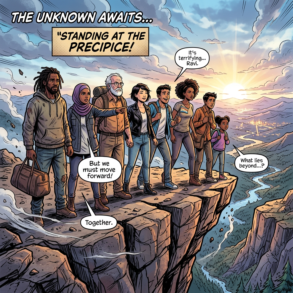 Seven diverse people standing at a cliff edge looking at a distant city as the sun sets