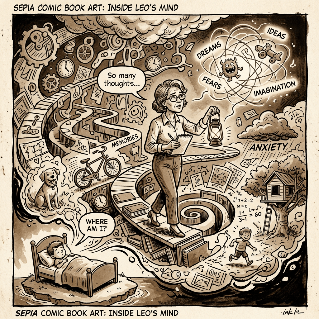 Woman exploring a spiral path inside a mind filled with memories, dreams, fears, and imagination