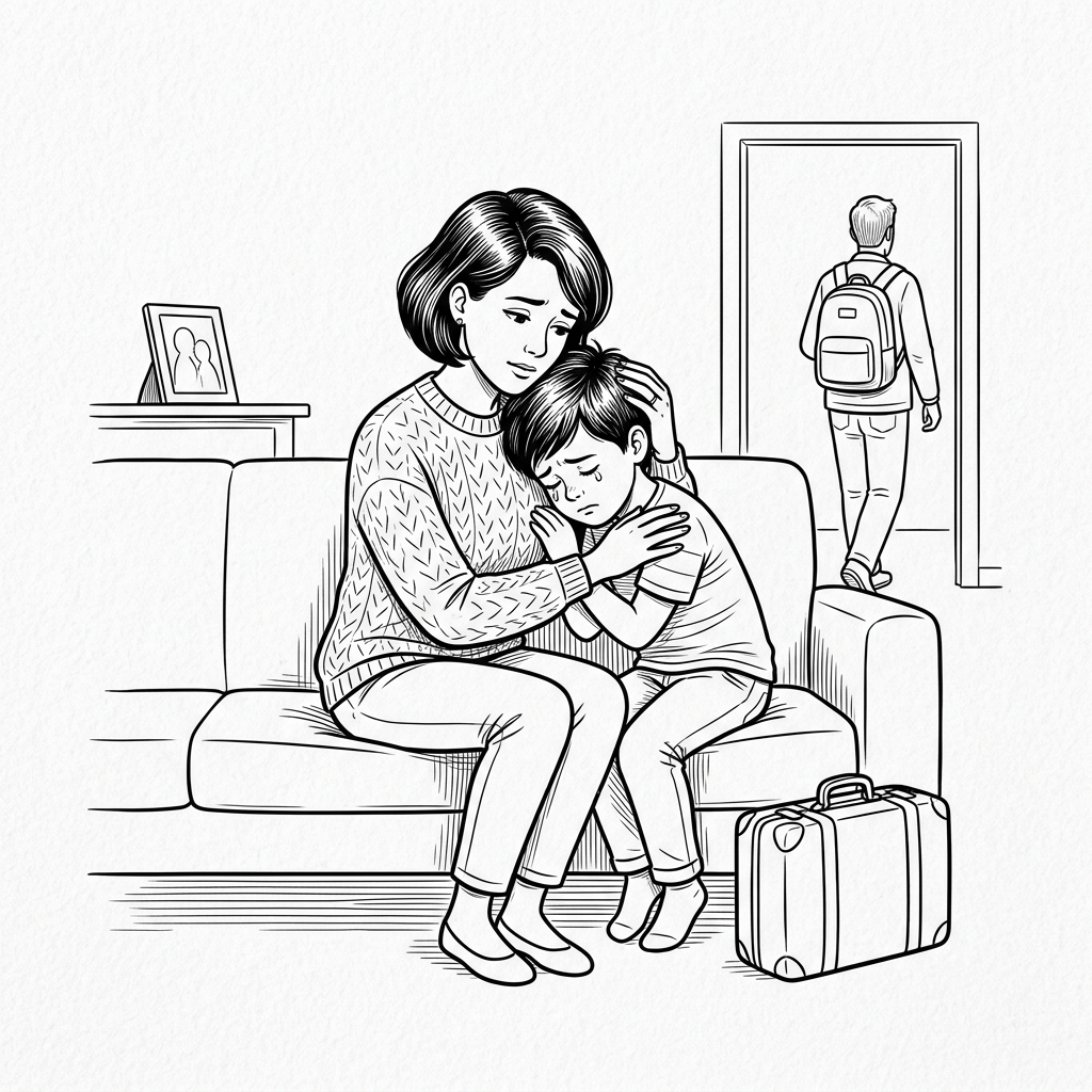 Mother hugging and comforting crying child on a couch while man with backpack walks away