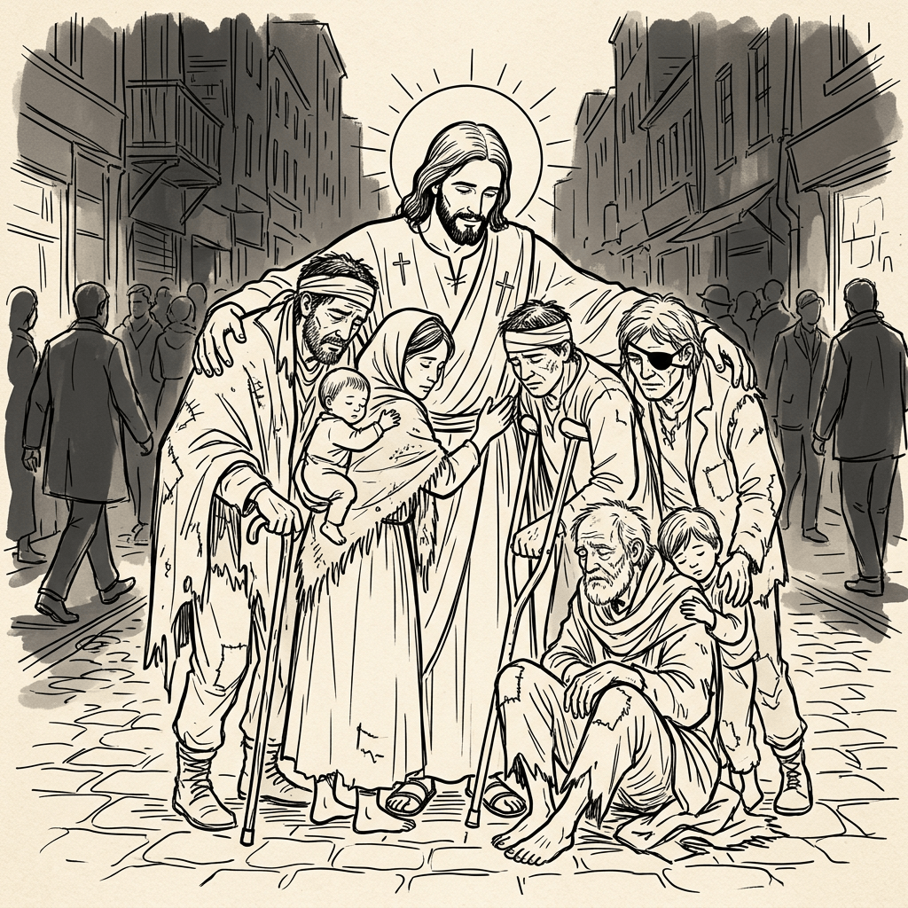 Jesus with halo comforting disabled and impoverished individuals on city street