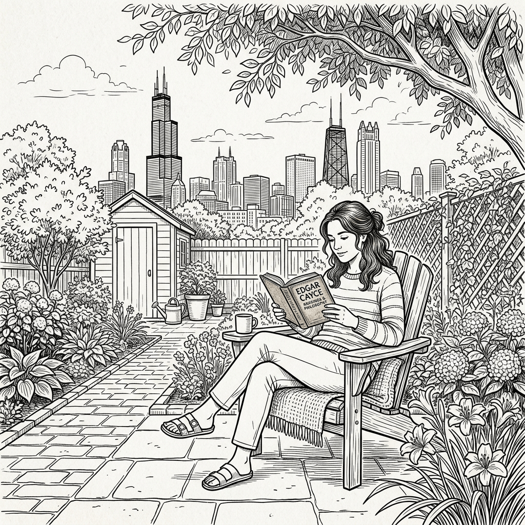 Woman sitting in a backyard garden reading a book titled Edgar Cayce Relaxation & Panoropathy
