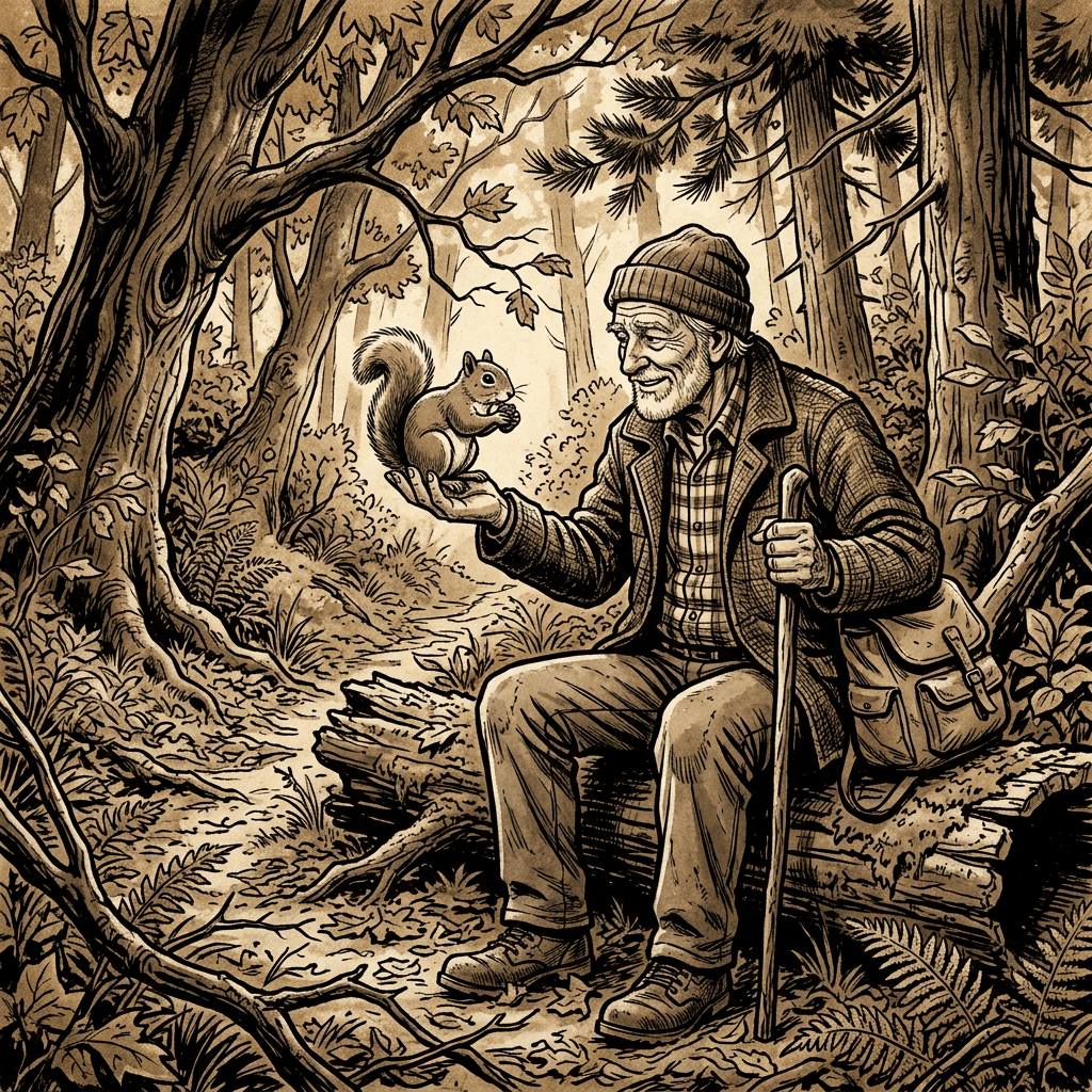 Elderly man sitting on a log in the forest holding a squirrel on his hand