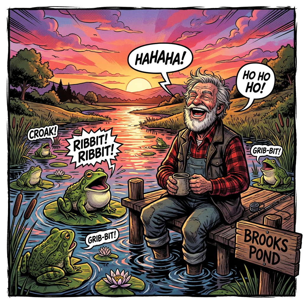 Sunset over Brooks Pond, laughing old man, bullfrogs