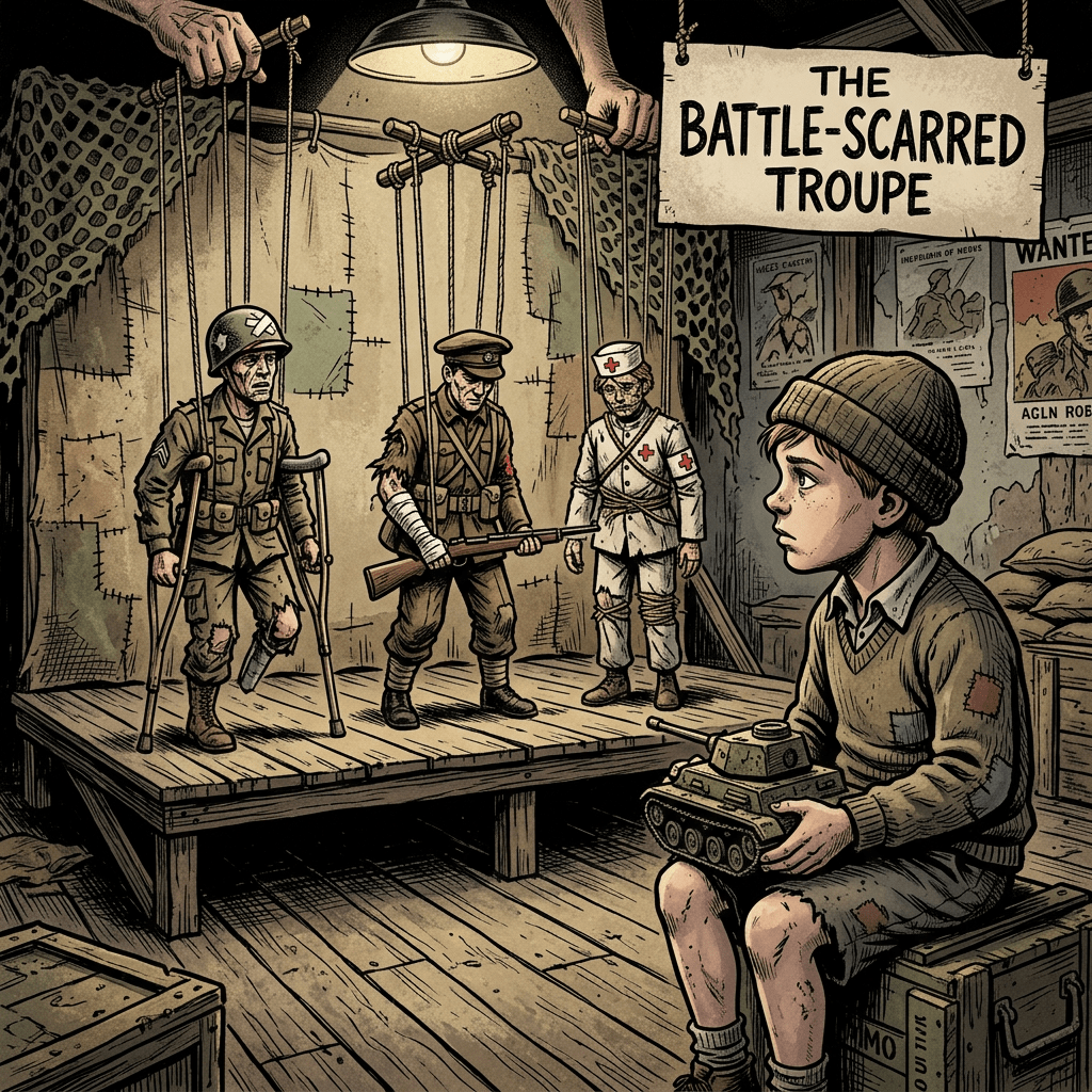 Wounded war veterans controlled as marionettes while young boy holds toy tank