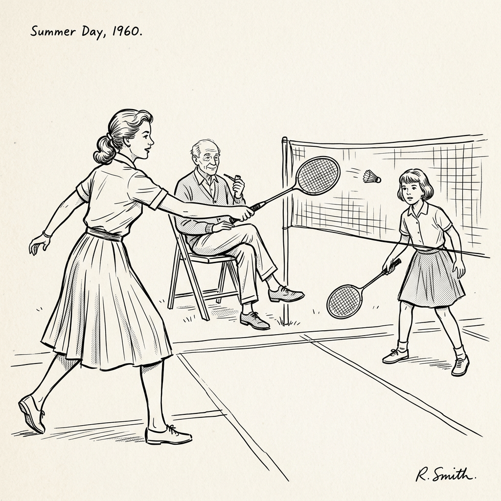 Old man watches mom and Ivy badminton 1960