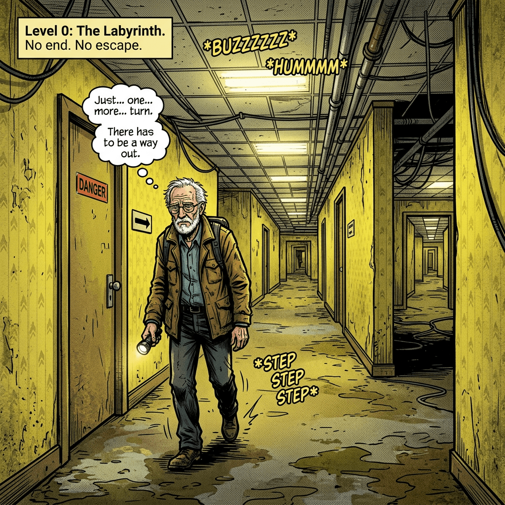 Older man with flashlight walking through a worn, dimly lit corridor labeled Level 0: The Labyrinth.