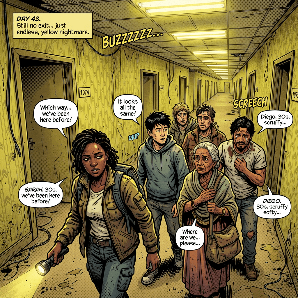 Group of five people walking through a long, damaged yellow hallway, looking confused and worried.