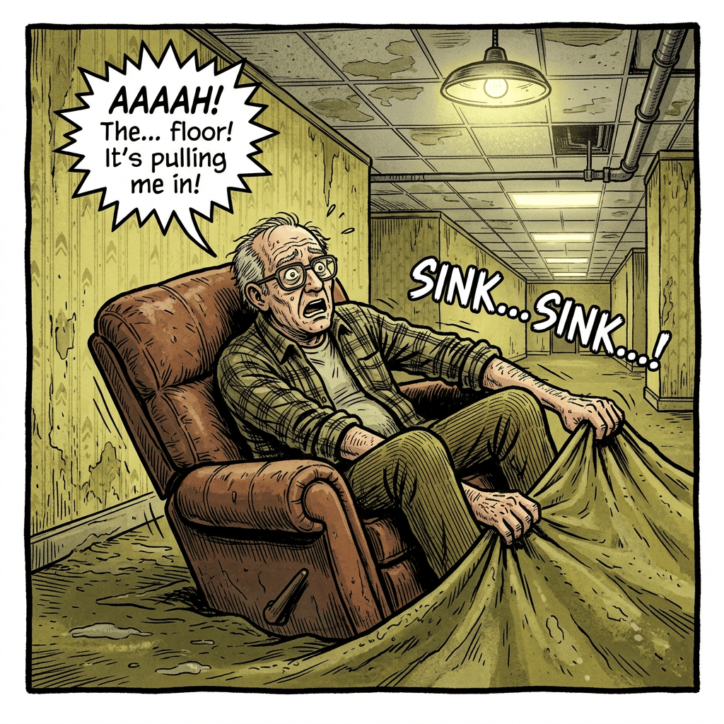 Old man on recliner sinking in backrooms