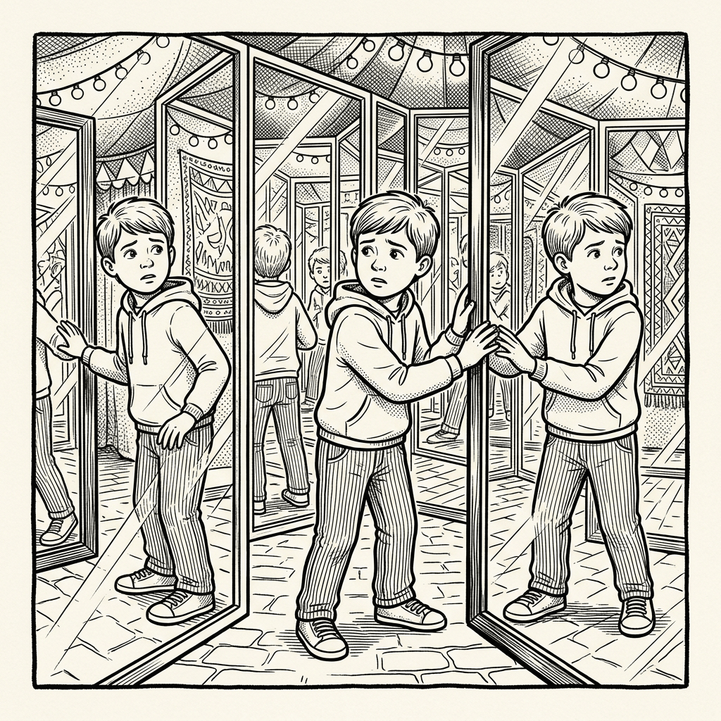 A boy cautiously touches mirror panels in a mirrored maze, appearing lost and anxious.