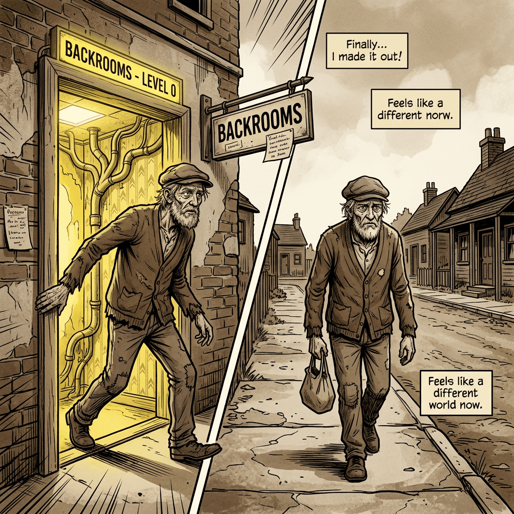 Man leaving Backrooms Level 0 into a quiet neighborhood street
