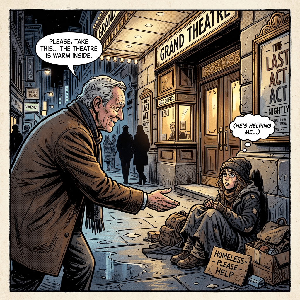Elderly man offering help to homeless woman sitting outside Grand Theatre