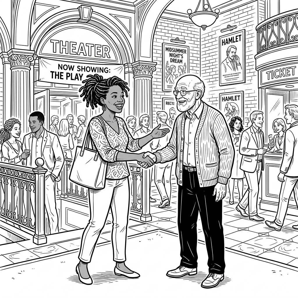 Two people shaking hands in a busy theater lobby with posters for Shakespeare plays