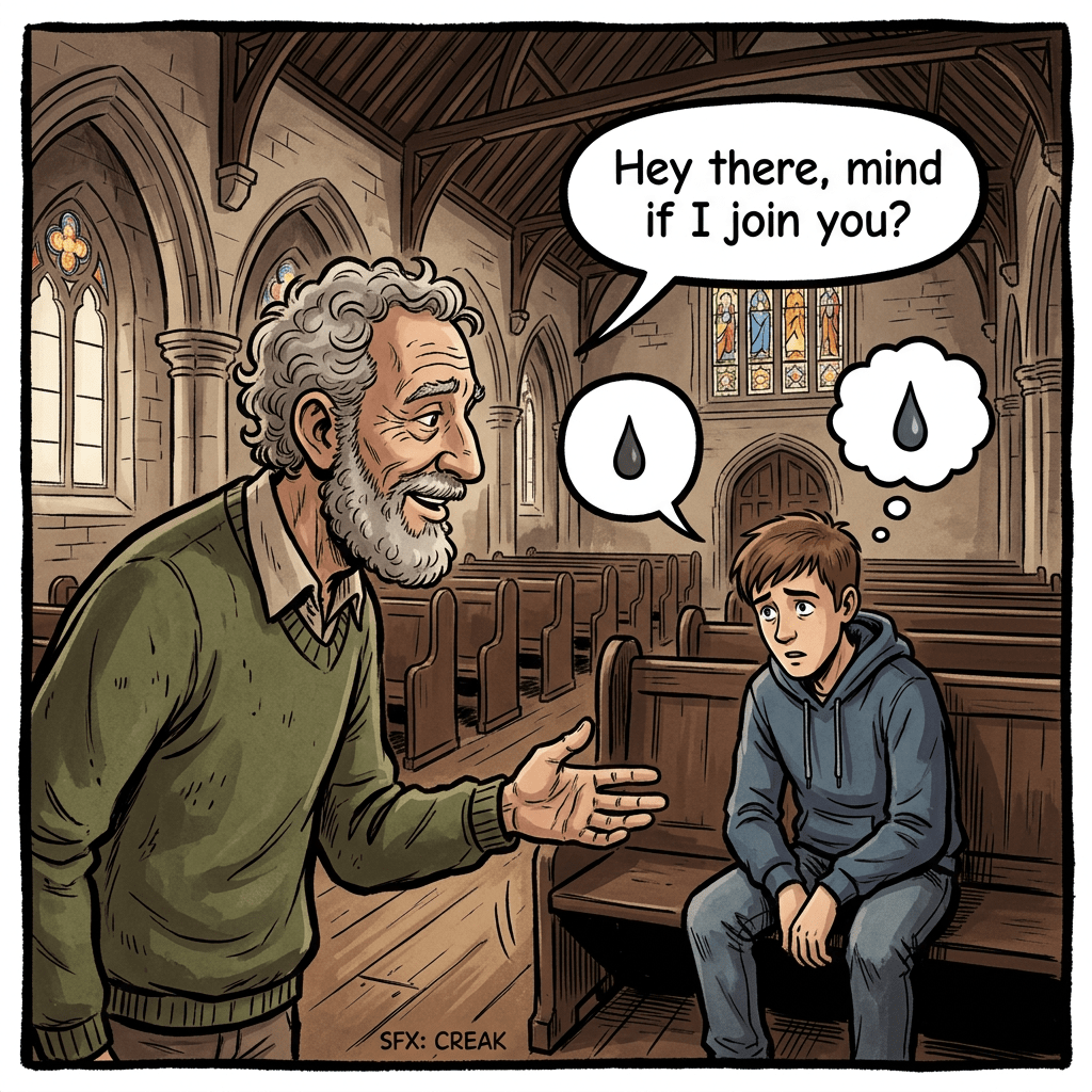Old man greeting lonely young man in church