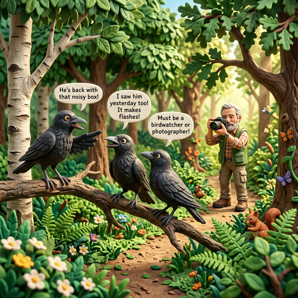 Crows talking about old man photographing woods June day