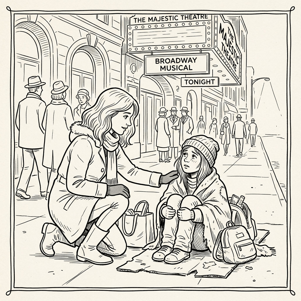 Woman kneeling and comforting homeless girl wrapped in a blanket outside theatre