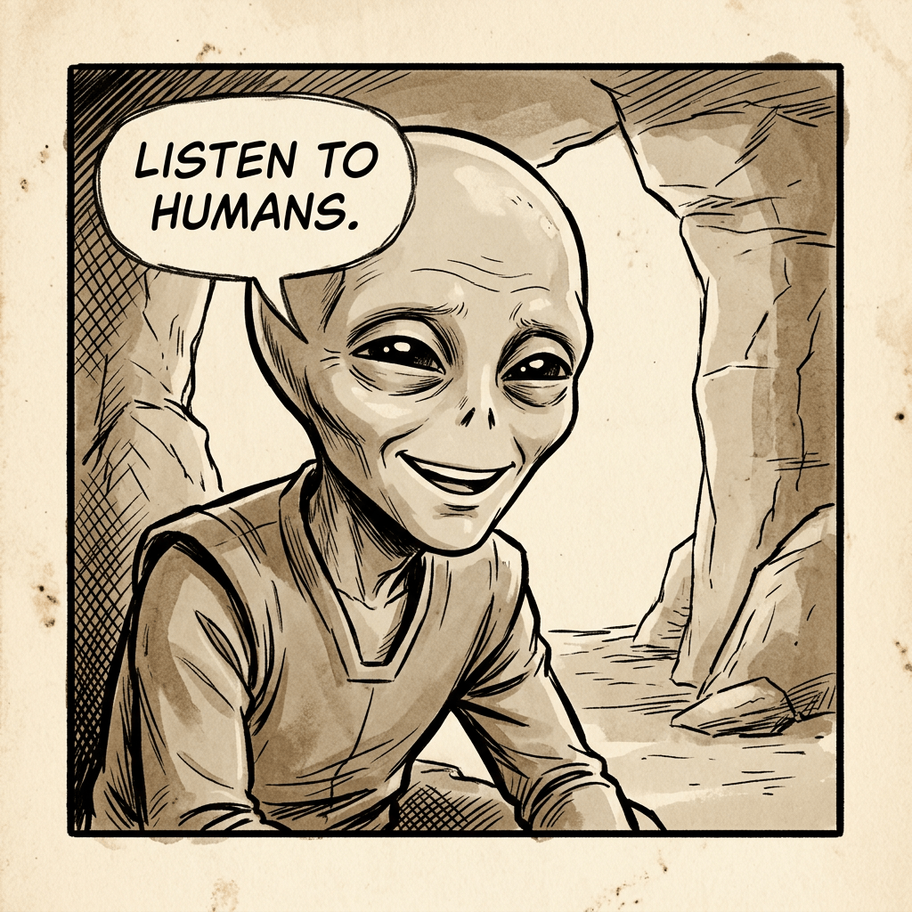Smiling alien telling to listen to humans in a cave setting